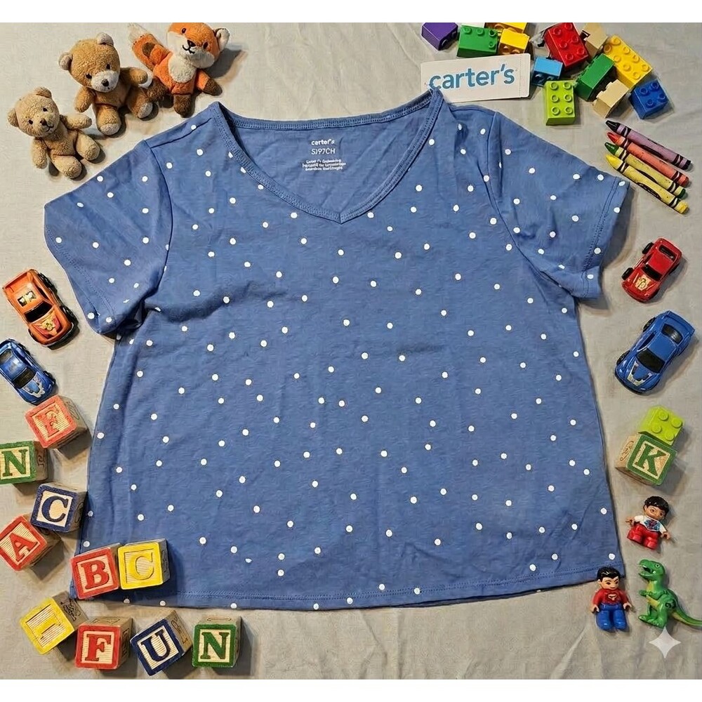 New Carter’s Girls S Blue White Polka Dot V‑Neck Short Sleeve Shirt Top Playful
